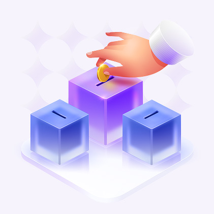 A hand investing among three illustrated investment boxes